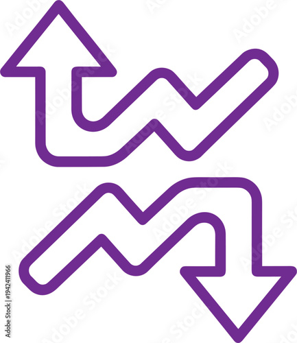 zigzag up and down arrows icon set, growth and decline direction symbols, financial trend arrows outline style isolated vector illustration