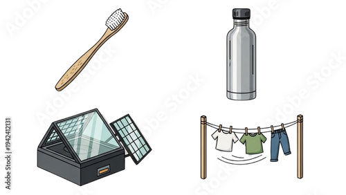 Sustainable Lifestyle Icon Set: Bamboo Toothbrush, Metal Water Bottle, Solar Oven and Clothesline, Zero Waste Eco Living Vector Line Art Graphics