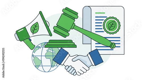 Environmental Policy Icon Set: Green Gavel, Eco Document with Leaf Seal, Megaphone and Global Handshake, Climate Law and ESG Vector Line Art Icons