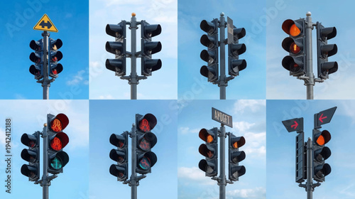 A collage of eight distinct traffic light setups against a clear blue sky, showing various signal states and configurations.