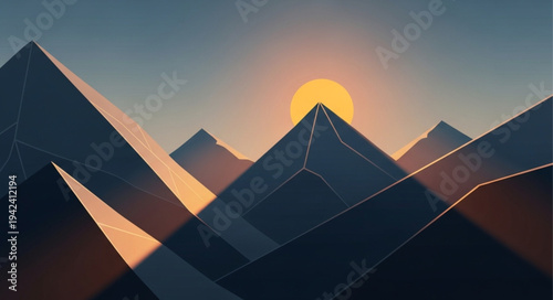Stylized Mountain Landscape with Sun and Peaks.