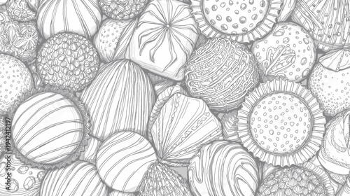 A detailed black and white line art illustration of an assortment of gourmet chocolates and truffles with various textures and decorations.