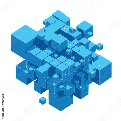 Blue Geometric Cubes Forming a Complex 3D Structure in Space