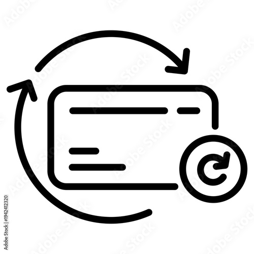 A line icon of a subscription card surrounded by circular arrows and a refresh symbol representing automatic billing renewal