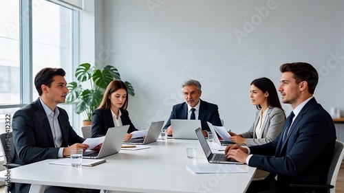 Diverse business team in formal attire engaged in strategic meeting at modern conference table with laptops, documents, and natural light — corporate collaboration and leadership concept