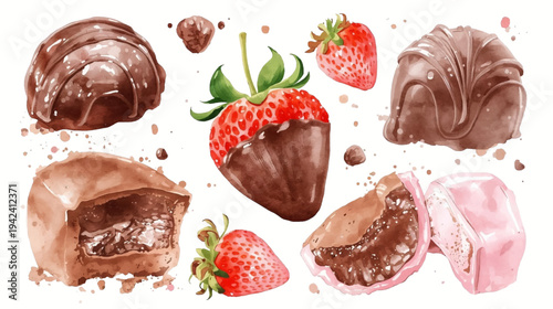 Watercolor illustration of various chocolate candies and fresh strawberries, including chocolate-dipped strawberry.