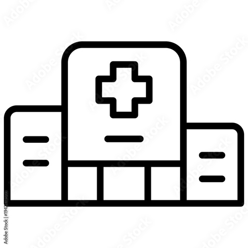 Line icon of a hospital building structure with a medical cross symbol on the front facade