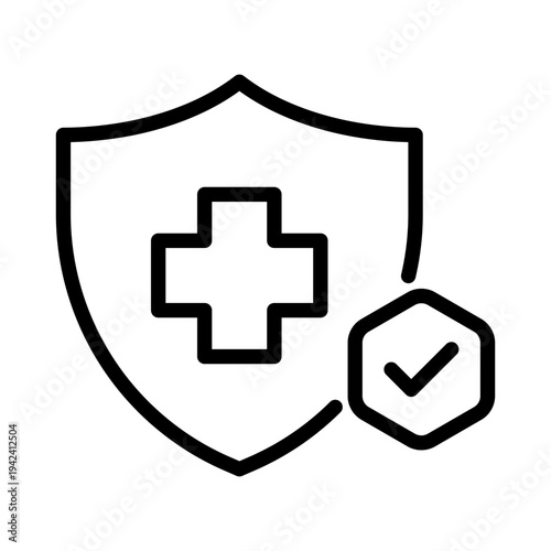 Line icon of a medical cross on a shield with a checkmark representing protected health coverage
