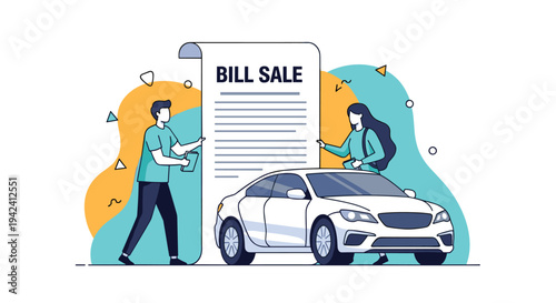 Car sales transaction concept showing a man and a woman standing next to a vehicle and a large bill of sale document for purchase.