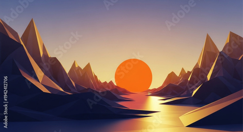 Majestic Mountain Landscape with Sunset and River.