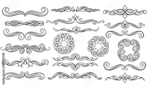 A collection of elegant and intricate vector graphic designs featuring ornate swirls and flourishes in a classic style.