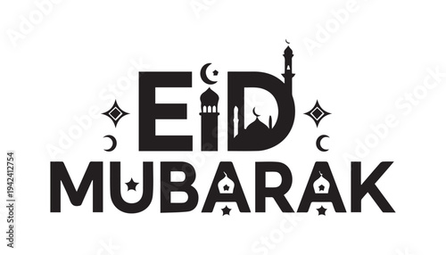 A bold black Eid Mubarak greeting features a mosque and minaret.