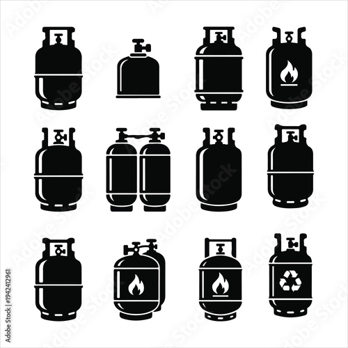 Propane Gas Cylinder Silhouette Vector Icon Se. Industrial LPG Tank and Gas Bottle Collection Silhouette.