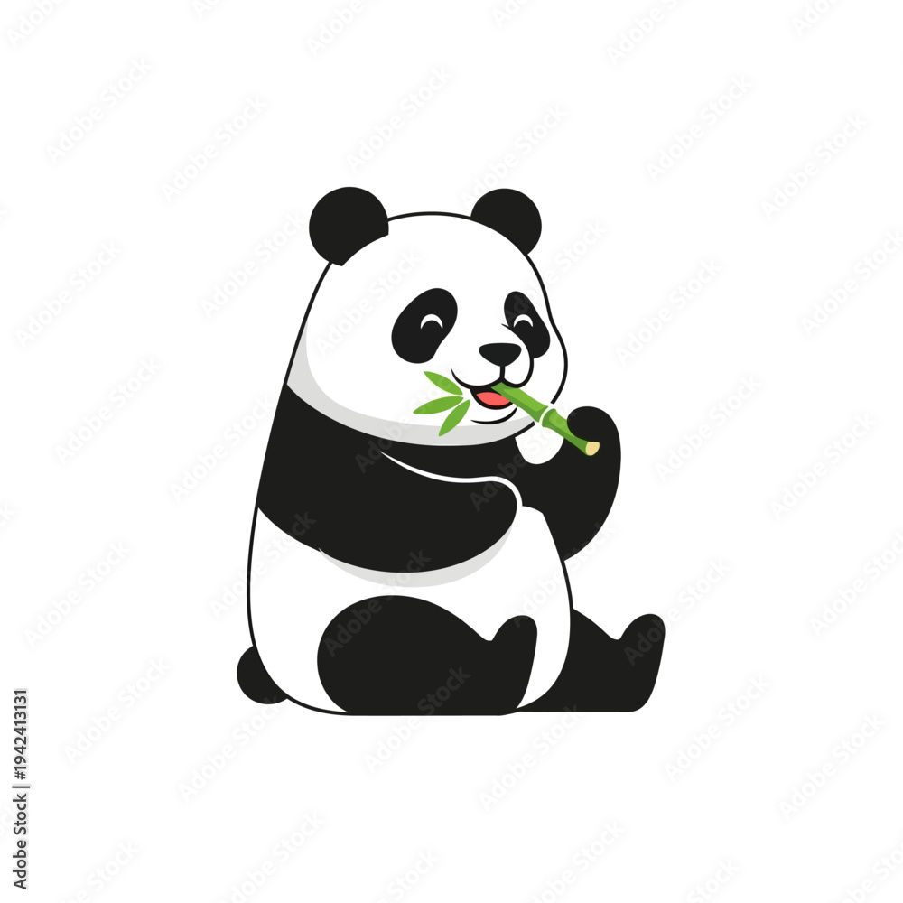 Naklejka premium Cute cartoon panda eating bamboo, isolated on white background, vector illustration