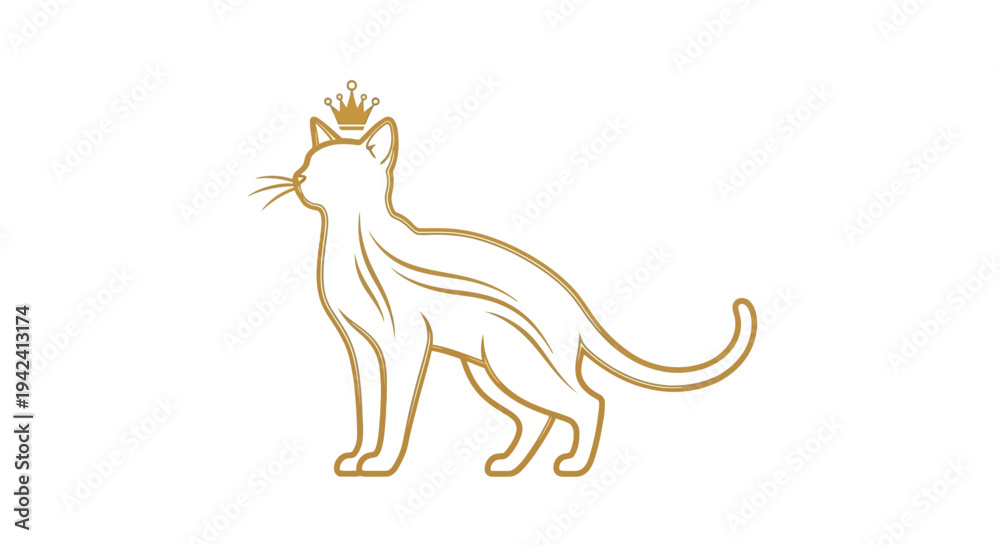 Fototapeta premium Elegant golden line art illustration of a majestic cat with a crown, symbolizing luxury, royalty, and sophisticated pet branding for upscale designs