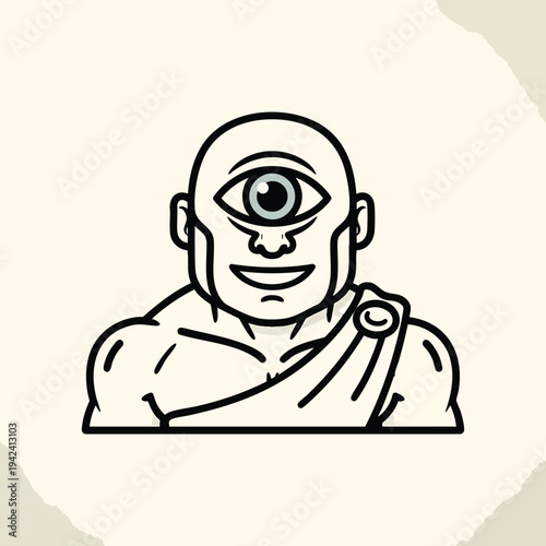 A line-art illustration featuring a one-eyed creature. The figure, possibly a cyclops, is smiling. It's adorned with a draped cloth, set against a textured, light beige background