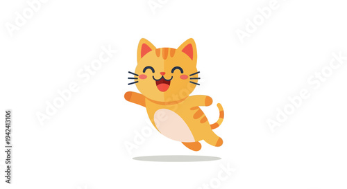 Adorable cartoon illustration of a happy, jumping orange tabby cat with black stripes, wide smiling mouth, and playful eyes, conveying joy and excitement in a whimsical, flat design