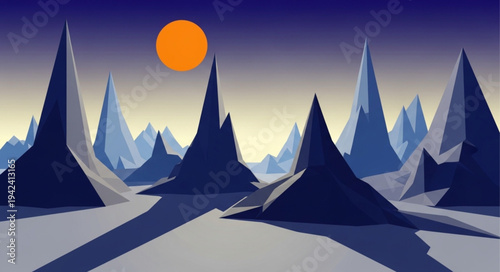 Stylized Mountain Landscape with Sun and Peaks.