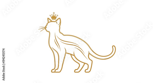 Elegant golden line art illustration of a majestic cat with a crown, symbolizing luxury, royalty, and sophisticated pet branding for upscale designs