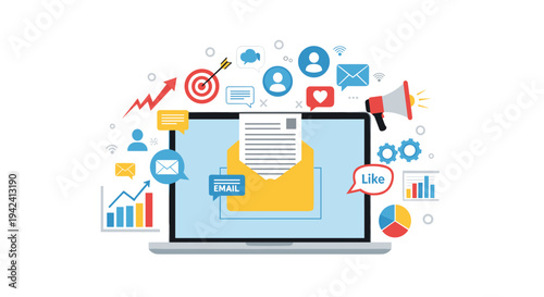 Digital marketing and communication concept with laptop showing email inbox surrounded by social media and business icons.