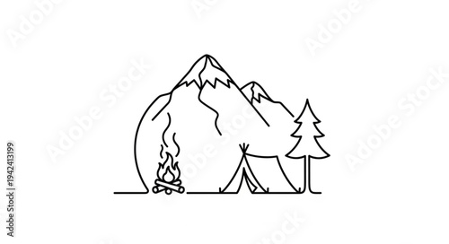Minimalist Line Drawing of Mountain Landscape with Tent and Trees.