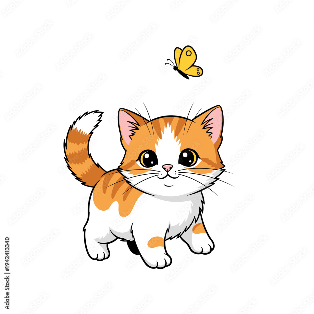Obraz premium Cute Orange Tabby Kitten Chasing a Yellow Butterfly Vector Illustration