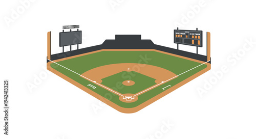 Aerial view of a baseball stadium during the day, showcasing the intricate details of the diamond and outfield, with scoreboards visible