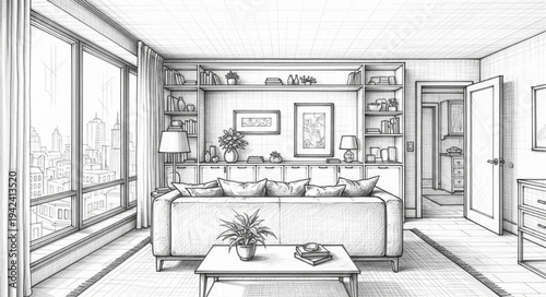 Elegant Living Room Interior with Sofa and Shelves.