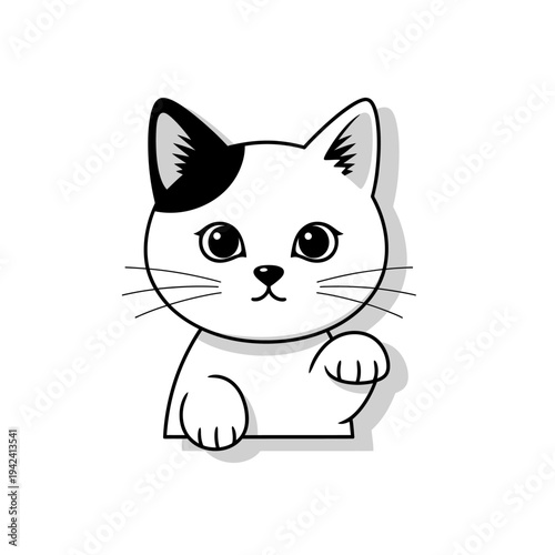 Cute cartoon cat peeking from behind a surface, white with black patch on ear.