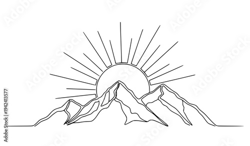 Continuous Line Mountain With Rising Sun Adventure Vector