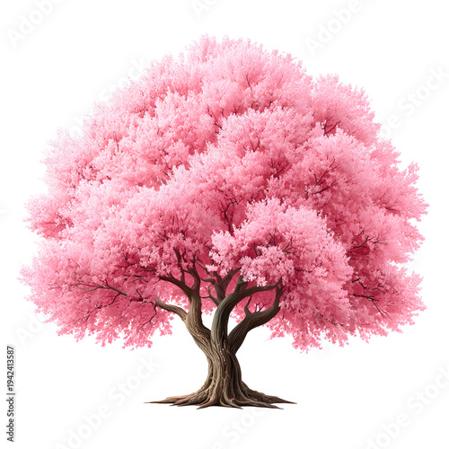 Vibrant pink cherry blossom tree illustration with transparent background perfect for commercial use