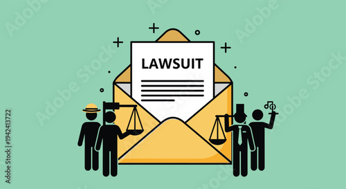 Legal dispute and lawsuit concept with a document inside a large envelope surrounded by symbolic figures holding scales.
