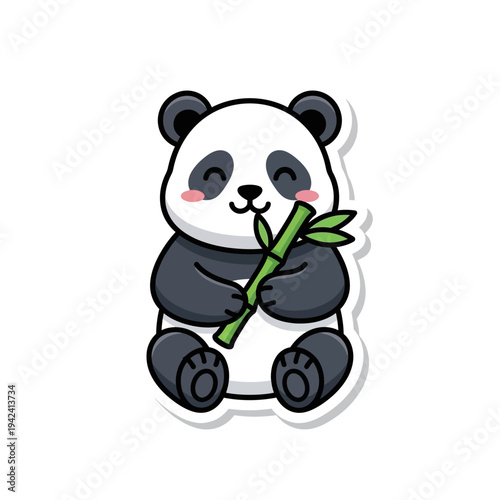 Cute cartoon panda bear eating bamboo, isolated on white background