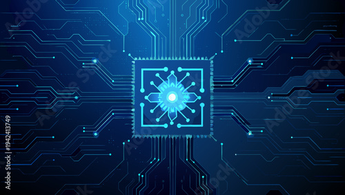 Abstract blue circuit board pattern with a glowing central microchip design