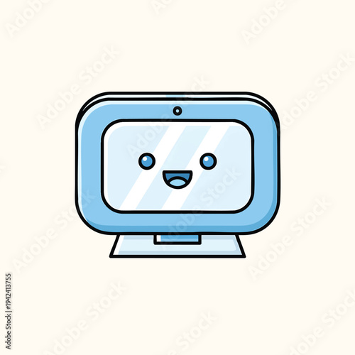 A cartoon-style monitor featuring a happy face. The monitor is light blue with a black outline and has large eyes, a smile, and a dot on top