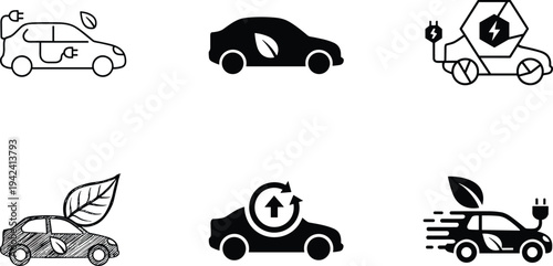electric eco car icons set with charging plug leaf symbol sustainable vehicle transport green mobility illustration collection