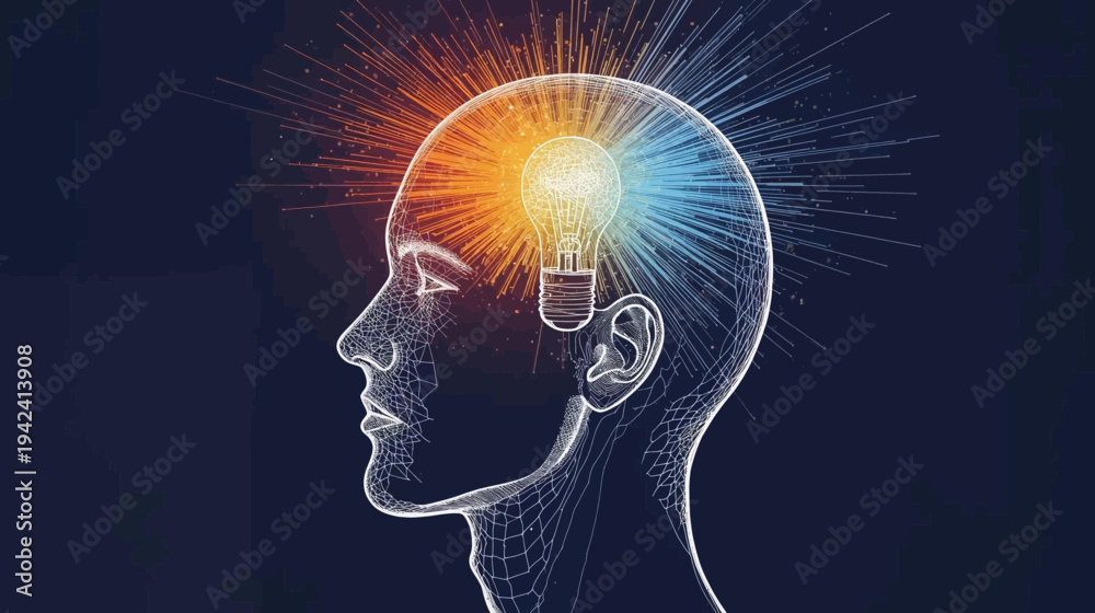 Obraz premium Stylized human head profile with glowing light bulb representing ideas and innovation.