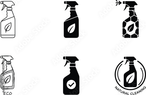 eco cleaning spray bottle icons set natural household cleaner biodegradable product green cleaning symbol sustainable hygiene illustration collection