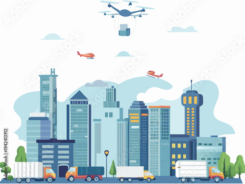 Cityscape with aerial vehicles delivering packages and transporting goods