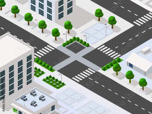 Isometric illustration of a city street intersection with buildings and trees