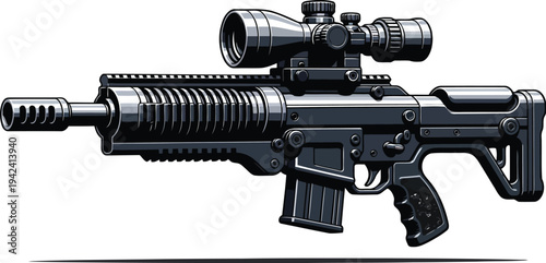 Black military machine gun isolated on white background