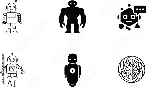 robot artificial intelligence icons set humanoid robot chatbot AI assistant futuristic technology automation machine learning illustration collection