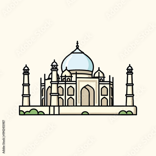 A simplified, cartoon-style illustration of an iconic building with a central dome, minarets, and a subtle green base, against a plain background