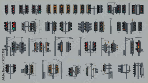 A comprehensive collection of various traffic light designs and configurations.