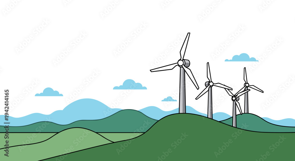 Fototapeta premium Wind turbines on green hills with mountains and clouds in a serene landscape vector illustration