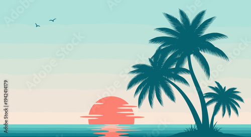 Teal palm tree silhouettes against vibrant sunset over calm ocean waters with clear sky