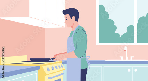 Young man wearing an apron attentively cooking a meal in a brightly lit modern kitchen with pastel colored walls a yellow stove and a window overlooking lush green foliage