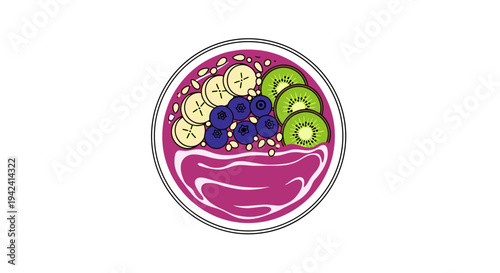 Vibrant pink smoothie bowl with fresh fruit toppings kiwi banana and blueberries healthy breakfast concept
