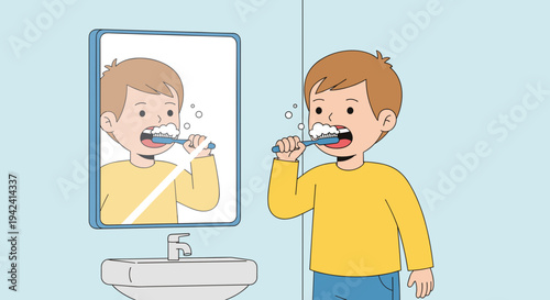 Young boy brushing teeth in bathroom morning routine oral hygiene healthy habits cartoon illustration