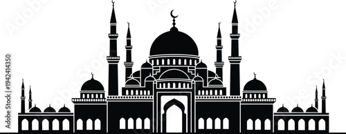 Grand mosque silhouette Islamic architecture skyline Ramadan mosque illustration Muslim worship building with minarets dome religious landmark vector